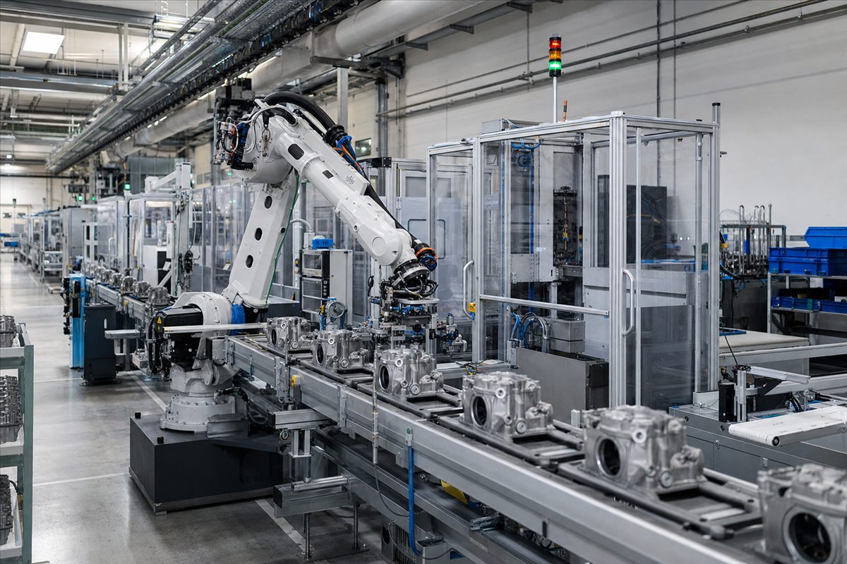 Ligne de production industrielle automatisée avec bras robotisé et convoyeur
